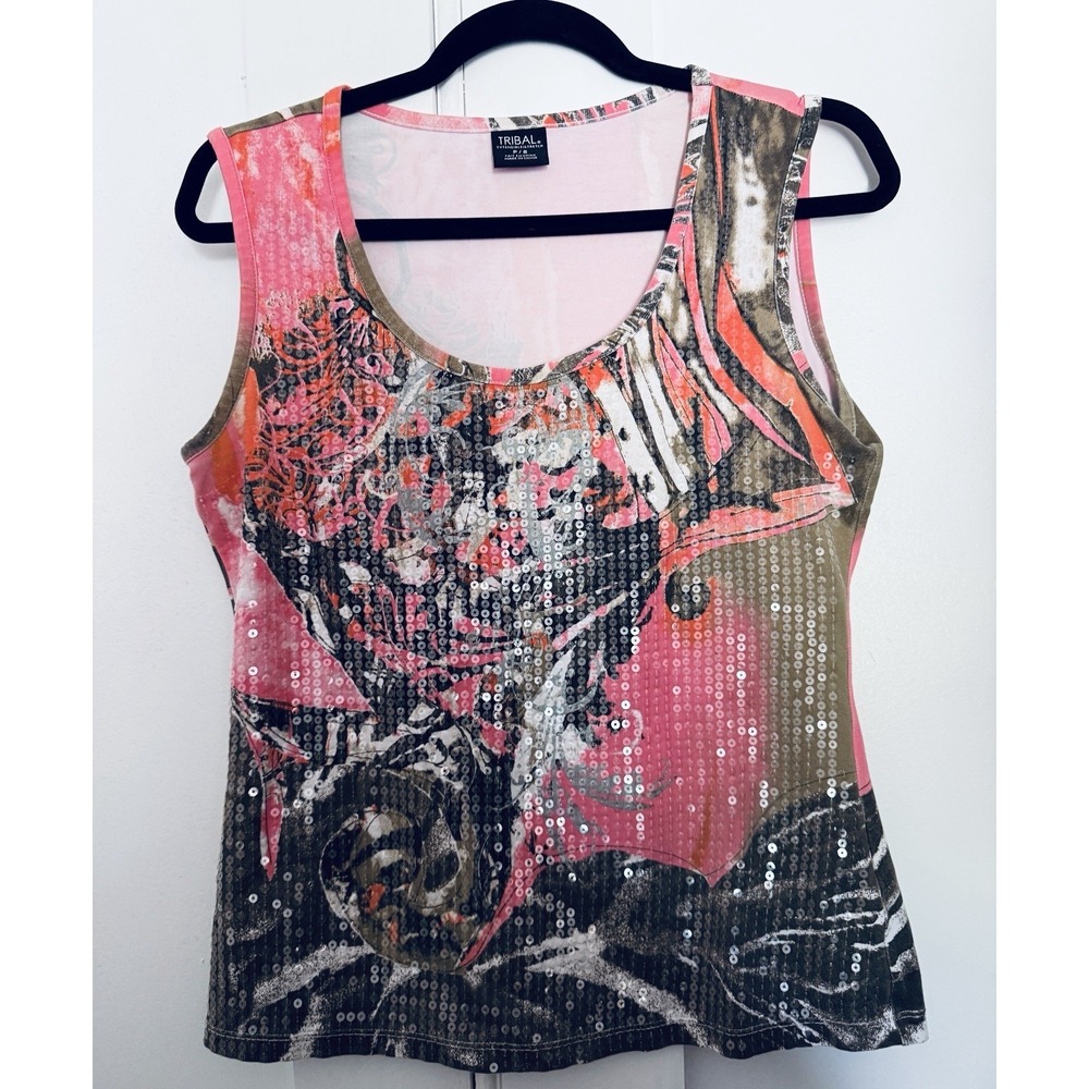 Tribal Extensible Stretch Women's Tank Top P/S Pink Abstract Sequin Art Print